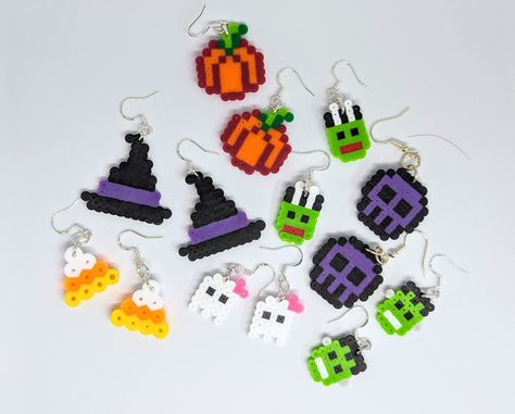 Halloween Collection - Etsy Easy Halloween Perler Bead Patterns, Perler Bead Jack O Lantern, Perler Bead Patterns Ghost, Peeler Bead Ideas Halloween, Peeler Beads Halloween, Halloween Iron Beads, Small Halloween Perler Bead Patterns, Halloween Perler Earrings, Perler Earrings Diy