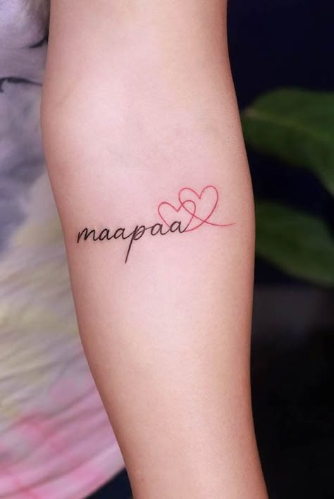 38 Mom Dad Tattoos To Honor Their Love Maapaa Tattoo For Women, Mom Dad Tattoo Designs For Female, Maa Paa Tattoo Design For Women, Maapaa Tattoo Design, Mom Dad Daughter Tattoo, Dad And Mom Tattoo, Dad Mom Tattoo, I Love Mom Tattoo, Mum Dad Tattoos