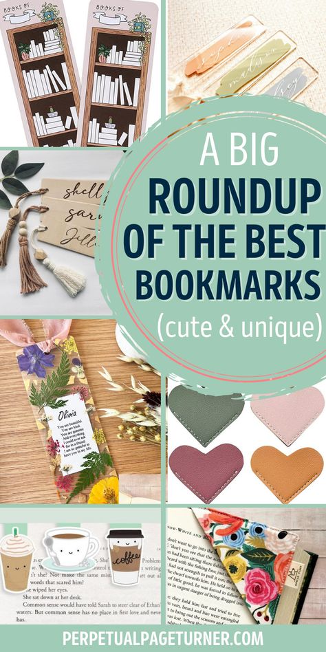 collage of bookmarks with circle text overlay that says "a big roundup of the best bookmarks (cute and unique)" Interesting Bookmark Ideas, Charm Bookmark Diy, Bookmark Gift Ideas, Diy Book Markers, Book Club Bookmarks, Book Markers Ideas, Book Club Crafts, Fancy Bookmarks, Bookmark Ideas Creative