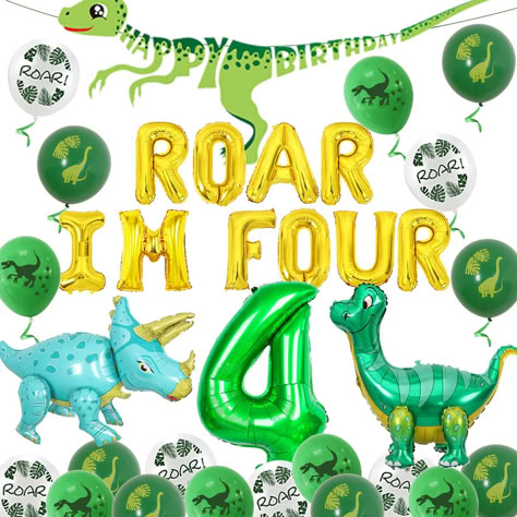 Roar I’m Four, Dinosaur Fourth Birthday Party, Roar Im Four Birthday, 4th Dinosaur Birthday Party, Four Year Old Birthday Theme Boy, Roar Im 4 Birthday, 4th Birthday Party For Boys Theme, Dinosaur 4th Birthday Party, 4th Birthday Theme