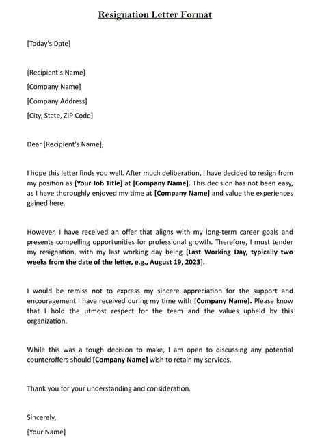 Resignation Letter Format [Today’s Date] [Recipient’s Name] [Company Name] [Company Address] [City, State, ZIP Code] ... Read moreEmployee Resignation Letter (Download in Word) The post Employee Resignation Letter (Download in Word) appeared first on TechGuruPlus.com. Resign Letter Format, Employee Resignation Letter, Resignation Letter Format, Last Day At Work, Resignation Letter Sample, Letter Ideas, Lettering Download, Letter Find, After High School