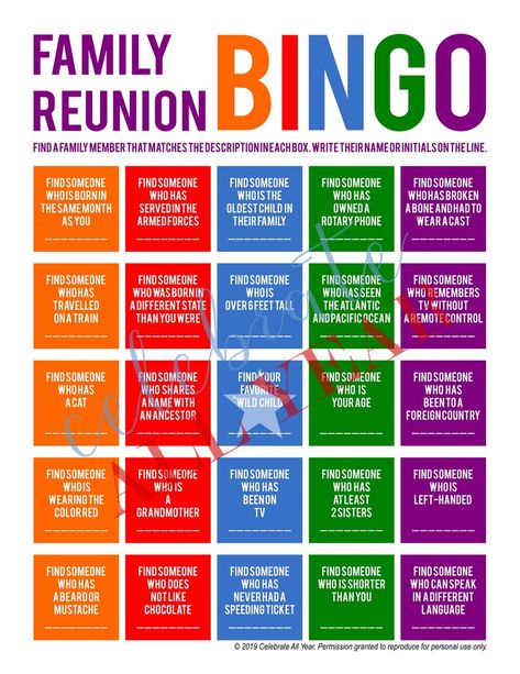 Family Reunion Ideas Organizing, Family Reunion Bingo, Reunion Name Tags, Family Reunion Themes, Family Reunion Activities, Family Reunion Favors, Family Reunion Gifts, Family History Projects, Reunion Games