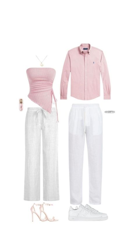 White With A Touch Of Pink Outfit, White Top White Pants, Blue Pants Pink Shirt Outfit, Pink And White Mens Outfit, Couple Pink Outfits, Pink And White Party Outfit, Couple Fits Matching, Gender Reveal Outfit Ideas For Guest, Pink And White Outfit Men