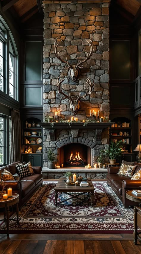 Rustic Home Decor Country Fireplace Ideas Modern Farmhouse, Woodland Interior Decor, Hunting Decor Living Room Rustic, Mountain Home Decor Ideas, Mountain Lodge Living Room, Rustic Mountain Homes Interior, Dark Stone Fireplace, Rustic Style Interior Design, Rustic Lodge Living Room