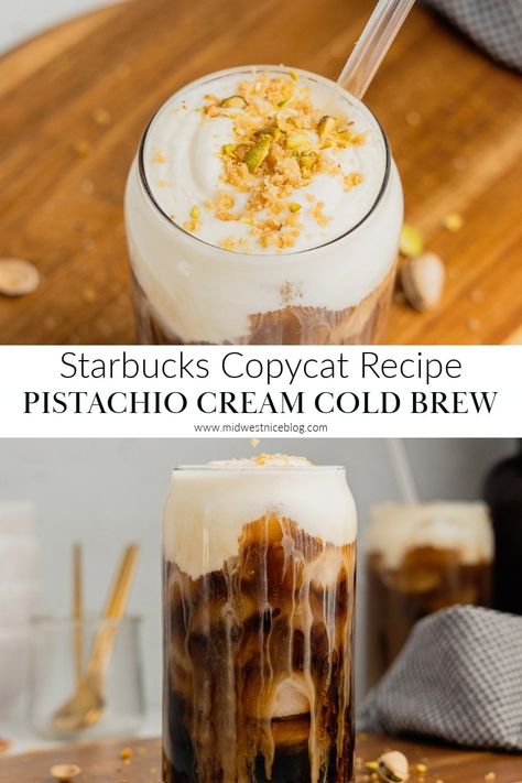 Copycat Starbucks Cold Foam, Pistachio Cold Brew Starbucks, Pistachio Coffee Creamer, Pistachio Iced Coffee, Starbucks Pistachio Drinks, Flavored Cold Foam Recipe, Pistachio Cold Foam, Cold Brew Coffee Starbucks, Pistachio Cream Cold Brew