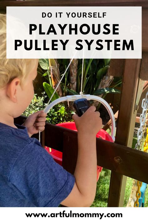 We added a "pulley system" to the play structure. Well actually there was no pulley involved, instead we found some simple supplies in the garage (a wall hook, screws, rope, an old red bucket and a cleat) and put together a makeshift one in about 10 minutes. #Artfulmommy #STEAM Pulley Bucket For Fort, Toy Pulley System, Bunk Bed Pulley System, Diy Pully System Ideas, Bucket Pulley Tree Houses, Treehouse Bucket Pulley, Tree House Pulley System, Treehouse Pulley System, Pully System Ideas Diy