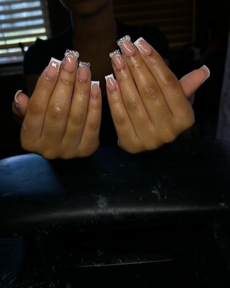 White French with bling - - - - - - - - - - - - - - - #nails #nailsnailsnails #explorepage #explore #brocktonnailtech French Tip Nails With Bling, French Tip With Bling, Nails With Bling, Girly Acrylic, Girly Acrylic Nails, Tip Nails, White French, Bling Nails, French Tip Nails