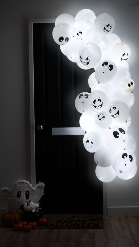 Scary Halloween Decorations | Fun & Aesthetic Halloween Decor Ghost Theme Party Halloween Decorations, Ghost Balloon Arch, Ghost Balloons Diy, Ghost Theme Halloween Party, Ghost Themed Trunk Or Treat, Casper Halloween Decorations, Ghost Balloon Garland, Halloween Birthday Balloons, Ghost Party Decorations