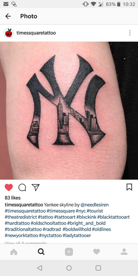 Yankees Tattoo Ideas, Yankees Tattoo, New York Tattoo Ideas, Ny Tattoo, Baseball Tattoos, Skyline Tattoo, Arm Tats, New York Tattoo, Small Pretty Tattoos