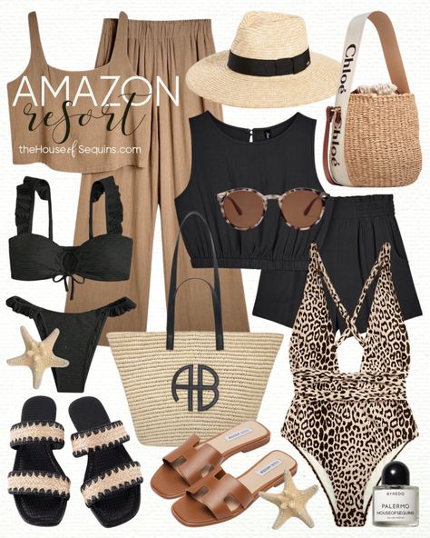 Fashion Vacation Outfit and Resortwear finds! Beach Vacation travel outfit, leopard swimsuit, ruffle bikini, linen matching sets, Steve Madden sandals, denim shorts, Anine Bing Palermo tote bag, Chloe bucket bag, straw beach bag Beach Sandals Outfit, Chloe Bucket Bag, Vacation Travel Outfit, Vacation Motivation, Outfits Miami, Sun Outfit, Leopard Swimsuit, Thailand Outfit, Summer Closet