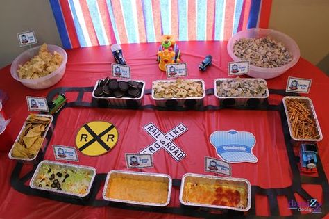 Thomas the Train Birthday Party Decorations - Food lined up to look like a train