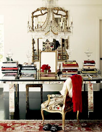 . . . would think a better place to work would be a clear and tidy desk, but maximalist tendencies are hopelessly drawn to the gilt and wonderfully ornate mirror and glamorous chandelier, cut crystal candy dishes and stacks upon stacks of favourite books and imagine this to be the most perfect place for inspiration, » Kardashian Closet, Paris Apartments, Design Hotel, Work Spaces, Home Offices, Office Spaces, Office Inspiration, My Office, Khloe Kardashian