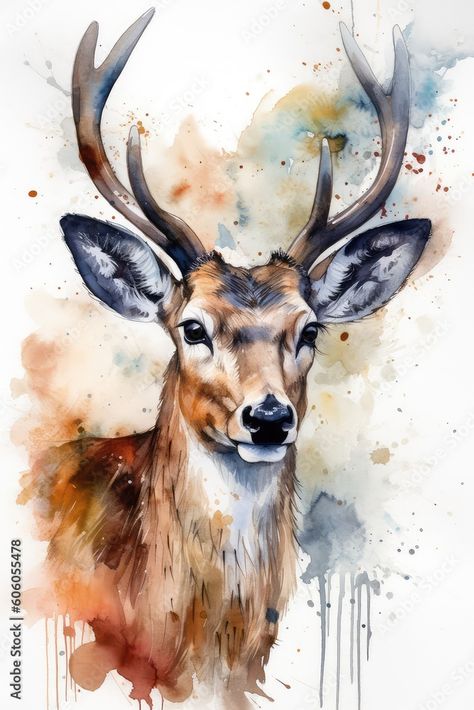 Deer Drawing Sketches, Doe Watercolor, Reindeer Watercolor, Deer Outline, Forest Animals Illustration, Deer Face, Animal Canvas Paintings, Deer Photography, Deer Drawing