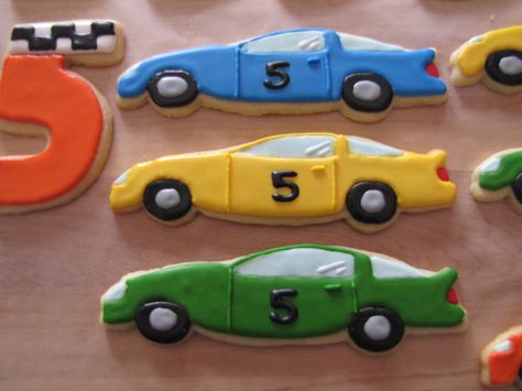 Race car cookies for a 5th birthday.  NFSC with a modified RI recipe. Race Car Cookies, Hot Wheels Party Favors, Party Favor Ideas For Kids, Cars Cookies, Cool Hot Wheels, Transportation Cookies, Cookies Board, Decorator Cookies, Two Fast Two Furious