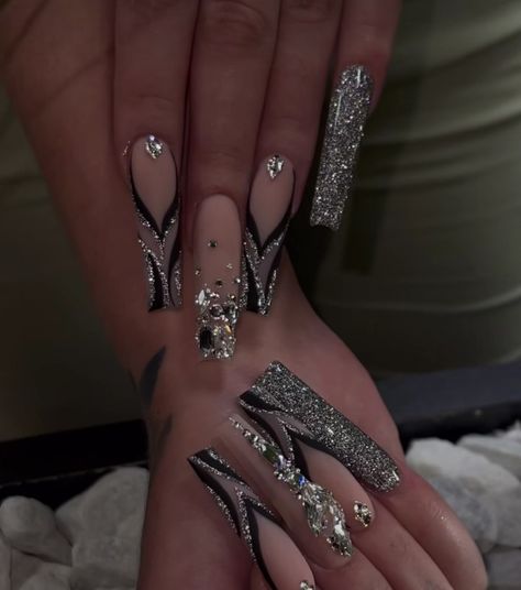 Dramatic Prom Nails, Rhinestones In Hair Prom, Neutral Bling Nails, Fancy Long Nails, Bad And Boujee Nails Acrylic, Birthday Nails Coffin Rhinestones, Rhinestone Prom Nails, Neutral Glam Nails, Bling Prom Nails