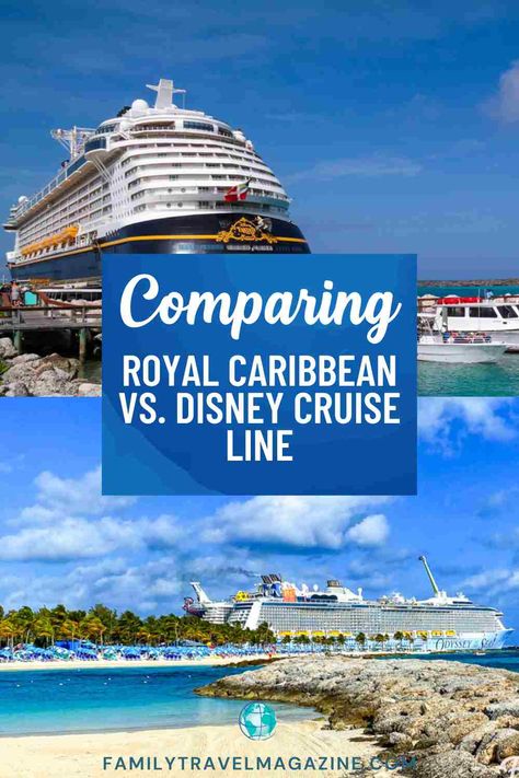 Considering a family cruise? Read our comparison of Royal Caribbean vs. Disney Cruise Line to learn about the differences and decide the best option for your family. Princess Cruise Line Tips, Disney Cruise Vs Royal Carribean, Disney Cruise Port Canaveral, Cruise Line Comparison, Royal Carribean Cruise, Cruise Activities, Royal Caribbean Brilliance Of The Seas, Royal Caribbean Cruise Lines, Kid Friendly Vacations