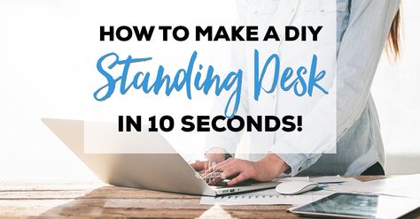 How to Make a DIY Standing Desk in 10 Seconds! Organize Standing Desk, Sit To Stand Desk Diy, Convert Desk To Standing Desk, Standing Desk Diy, Diy Standing Desk Converter, Standing Desk Topper, How To Make A Standing Desk Look Better, Standing Desk Converter Setup, Standing Desk Hack