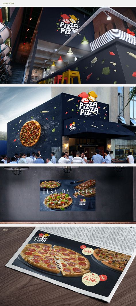 PIZZA PIZZA - BRANDING DESIGN on Behance Pizza Booth Design, Pizza Corner Design, Pizza Shop Interior Design, Pizza Restraunt Design, Pizza Store Interior Design, Pizza Campaign, Pizza Graphic Design Illustrations, Pizza Container, Pizza Logo Ideas