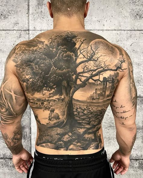 Back Piece Tattoo Men, Back Tattoos For Men, Tree Tattoo Back, Beautiful Tattoo Designs, Back Piece Tattoo, Men Tattoos Arm Sleeve, Full Back Tattoos, Pieces Tattoo, Back Tattoos For Guys