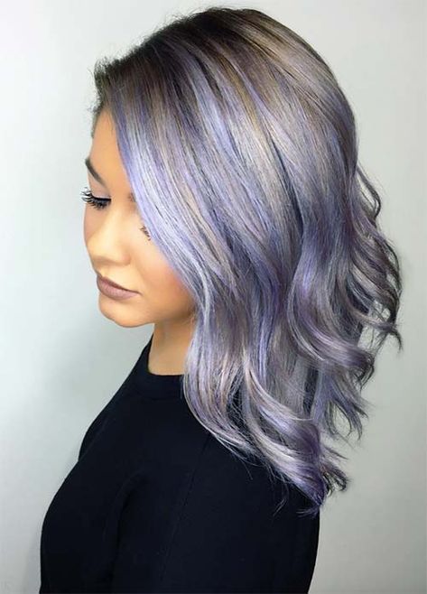 Pastel Purple Hair Highlights, Silver Lavender Hair, Pastel Purple Hair, Purple Hair Highlights, Lavender Hair Colors, Purple Balayage, Violet Pastel, Neon Hair, Violet Hair