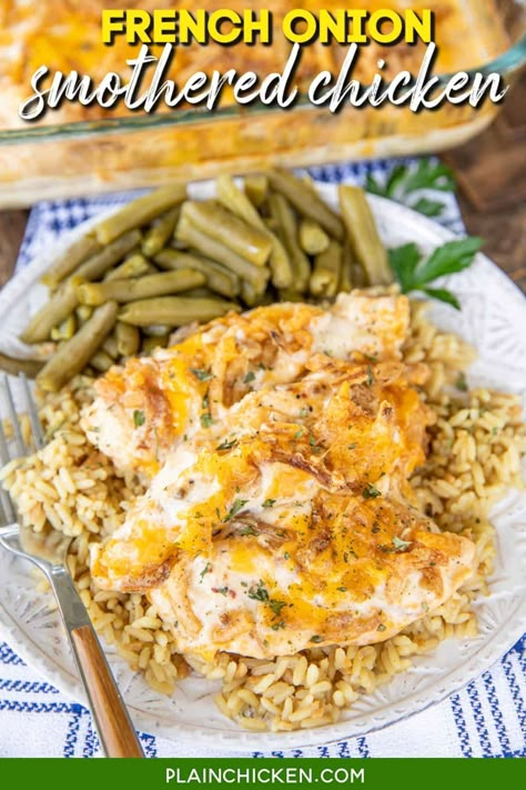 French Onion Smothered Chicken - one of our family's all-time favorite meals. Super simple and everyone loves it! Chicken tenderloins topped with sour cream French onion dip, cheese, and french fried onions. Ready in under 30 minutes! Serve over rice, potatoes, or pasta. Everyone fights for the leftovers! Onion Smothered Chicken, Chicken Tender Recipes Baked, Plain Chicken Recipe, Onion Dip Recipe, French Onion Chicken, French Onion Dip, Smothered Chicken, Chicken Tenderloins, French Fried Onions