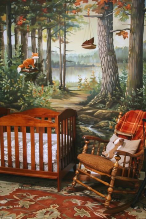 Woodland nurseries create a charming, enchanted forest feel with rustic furniture, earthy tones, and motifs of woodland creatures and foliage. See more ideas here. Woodland Adventure Nursery, Woodland Nursery Ideas, Rustic Woodland Nursery, White Rocking Chairs, Pale Blue Walls, Birch Tree Wallpaper, Wood Crib, Adventurous Design, Taupe Walls