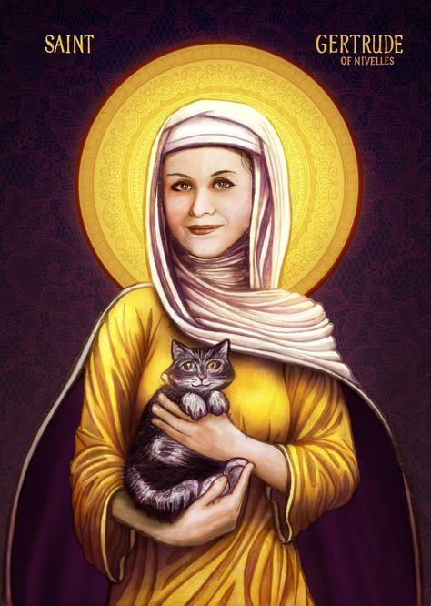 St. Gertrude of Nivelles - Danny McNight Gertrude Of Nivelles, Patron Saint Of Cats, Saint Gertrude, St Gertrude, Rats And Mice, Catholic Icons, Purring Cat, St Cuthbert, Creepy Guy