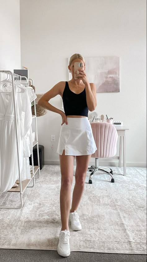 How to style a white tennis skirt for Summer! Sharing white tennis skirt outfit ideas that are perfect for playing tennis or pickleball, running errands, or walking your dog! White Skirt Outfit Athletic, White Golf Skirt Outfit, White Skort Outfit Ideas, White Athletic Skirt Outfit, White Tennis Skirt Outfit Ideas, Black Tennis Dress Outfit, Sports Skirt Outfit, White Tennis Skirt Outfit Summer, Tennis Skort Outfit