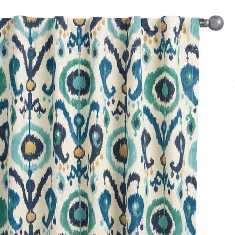 Ikkat Design, Ikat Curtains, Future Decor, Ikat Art, Affordable Curtains, Mediterranean Bedroom, Indigo Ikat, Ivory Curtains, Affordable Area Rugs