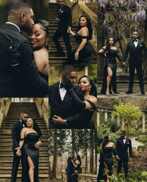 Couple Birthday Outfit Ideas Black, Black Couple Wedding Photoshoot, Anniversary Photoshoot Ideas Black Couple, Pre Wedding Shoot Ideas Black Couple, Anniversary Pictures Black Couples, Black Couple Fall Engagement Photoshoot, Engagement Photos With Gloves, All In One Wedding And Reception, Black Couple Poses Photography