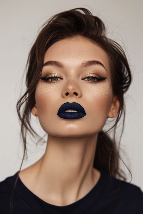 29+ Daring Blue Lipstick Ideas Navy Blue Lipstick, Black Lipstick Aesthetic, Goblin Face, Blue Lipstick Makeup, Black Lipgloss, Black Lipstick Look, Dark Blue Lipstick, Black Lipstick Makeup, Bold Lipstick Makeup