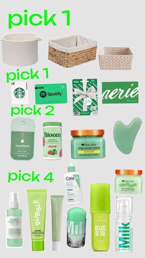 #greengiftbasket Cheer Baskets, Green Gift Basket, Big Lil Gifts, Green Basket, Big Lil, Green Food, Green Gift, Facial Spray, Coconut Lime