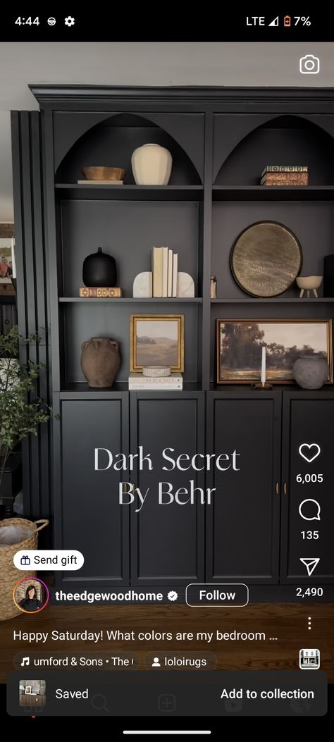 Dark Gray Behr Paint Colors, Behr Dark Paint Colors, Behr Dark Secret, Moody Behr Paint Colors, Dark Secret Behr Paint, Behr Moody Paint Colors, Dark Built Ins Living Room, Old House Design, Barndominium Interior