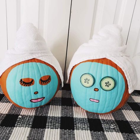 Pumpkin Painting Spa Face, Pumpkin Art On Pumpkins, Spa Painted Pumpkins, Pumpkin Inspiration Painting, Cute Pumkins Ideas Painting Preppy, Spa Pumpkin Painting Ideas, Cute Pumpkins Ideas, Styrofoam Pumpkin Decorating, No Carve Pumpkin Ideas For Kids