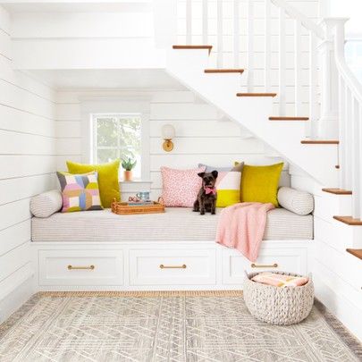 Under Stairs Nook, Stair Nook, Stairs In Living Room, Cosy Bed, Under The Stairs, Hgtv Magazine, Home Aesthetic, Under Stairs, Room Setup