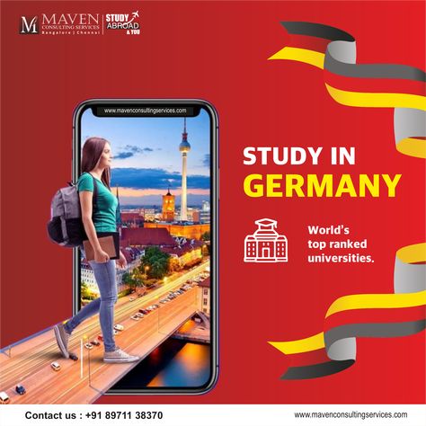 Want to Study in Germany? Get in touch with us for expert counselling at +91 89711 38370 or visit www.mavenconsultingservices.com For more Information regarding Study Abroad. Study In Germany Creative Ads, Study Abroad Creative Ads, Study Abroad Germany, University Poster, Study In Germany, Study Abroad Travel, Advance English, Delhi Metro, Education Poster Design