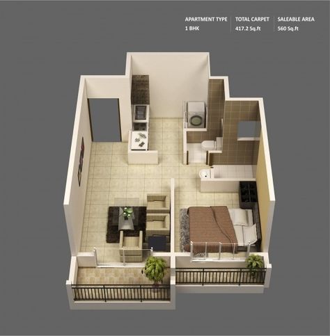 With a small footprint, this Mumbai wonder showcases two outdoor spaces, a simple and straightforward layout, modern amenities, and over 500 square feet of living space. 500 Sq Ft House, One Bedroom House Plans, 1 Bedroom House Plans, One Bedroom House, 1 Bedroom House, One Bedroom Flat, Plans Architecture, Apartment Floor Plan, Duplex House Plans