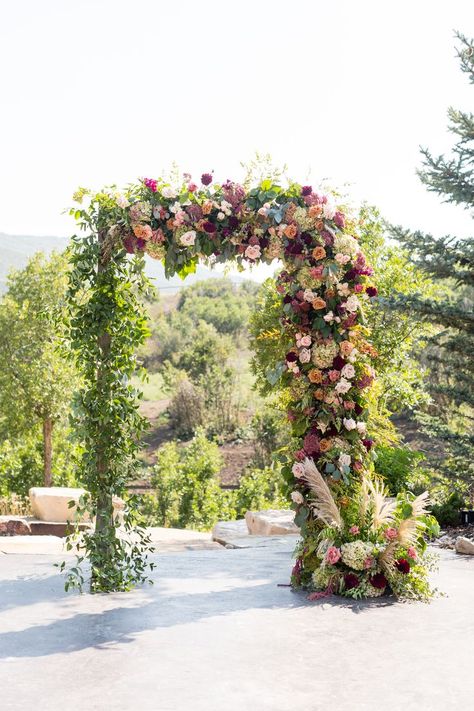 Barista Rose, Toffee Rose, Arch Florals, Quicksand Rose, Hydrangea Green, Burgundy Dahlia, Fall Wedding Ceremony, Green Hydrangea, Rustic Fall Wedding