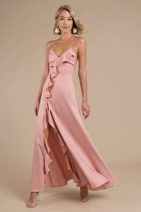 Pink Dresses For Women, Light Pink Bridesmaid Dresses, Satin Ruffle Dress, Blush Maxi Dress, Maid Of Honor Dresses, Blush Pink Dresses, Elegant Bridesmaid Dresses, Revolve Dresses, Ruffle Trim Dress