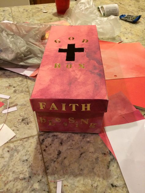 My first god box is done! Let the prayers begin. Prayer Box Ideas Diy, Faith Nursery, Prayer Box Ideas, Prayer Box Diy, Tithing Lesson, Prayer Box Craft, Camping Vbs, Healing Notes, Shoe Box Diy