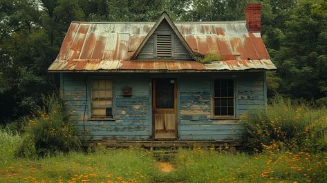 The image shows a small, abandoned house in the middle of a field. The house is made of wood and has a rusty tin roof ->> more details in ai-img-gen.com Rusty Tin, Abandoned House, The Door Is Open, Tin Roof, Healing Hands, Wooden House, Abandoned Houses, Made Of Wood, Old Houses