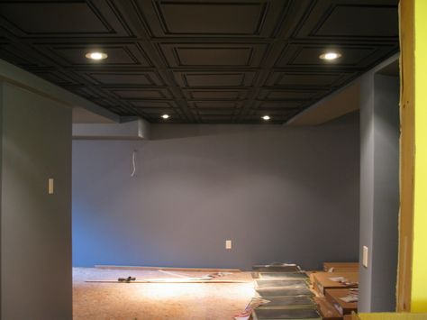 Black Drop Ceiling | centre section with the black drop ceiling click to enlarge Exposed Basement Ceiling Ideas, Rustic Modern Basement, Drop Ceiling Ideas, Black Drop Ceiling, Unfinished Basements, Basement Window Replacement, Basement Ceiling Ideas Cheap, Gym Organization, Exposed Basement Ceiling