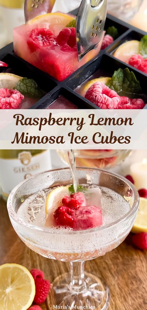 Raspberry Lemon Mimosa Ice Cubes Cranberry Ice Cube Mimosa, Frozen Mimosa Ice Cube, Raspberry Mimosa Recipe, Ice Cubes For Mimosas, Mimosa Ice Cubes, Lemon Mimosa, Blueberry Syrup Recipe, Lemon Ice Cubes, Lemonade Smoothie