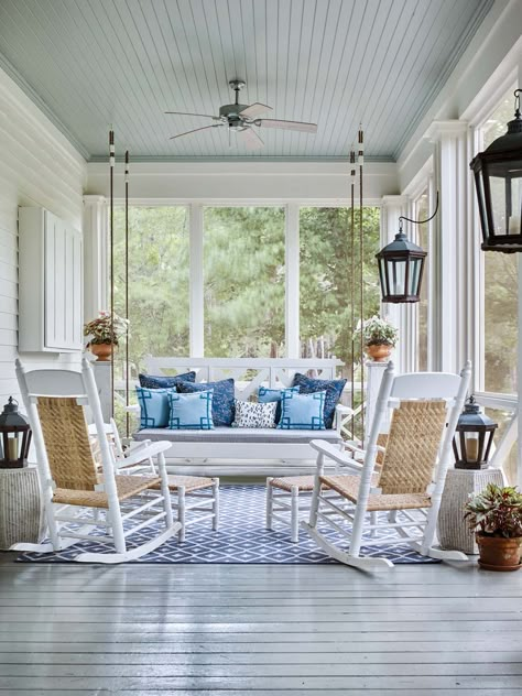 This screened porch epitomizes Southern style with a bed swing made in South Carolina and chairs from Georgia. Design by James Farmer. Photo by Emily Followill Screened Porch Decorating, Screened Porch Designs, Porch Ceiling, Blue Ceilings, Building A Porch, Sunroom Designs, Porch Furniture, House With Porch, Porch Design