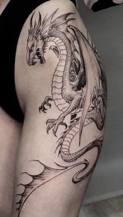 Dragon Hip Tattoo, Mystic Tattoos, Wyvern Tattoo, Dragon Back Tattoo, Dragon Thigh Tattoo, Upper Thigh Tattoos, Thigh Tat, Mama Tattoo, Dragon Tattoo Art