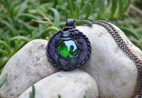 Polymer clay pendant with glass cabochon  by BansheeCraftsJewelry Fantasy Pendant, Fantasy Necklace, Polymer Clay Flower Jewelry, Beads Craft Jewelry, Green Pendants, Nature Necklace, Polymer Clay Pendant, Polymer Clay Projects, Fantasy Jewelry