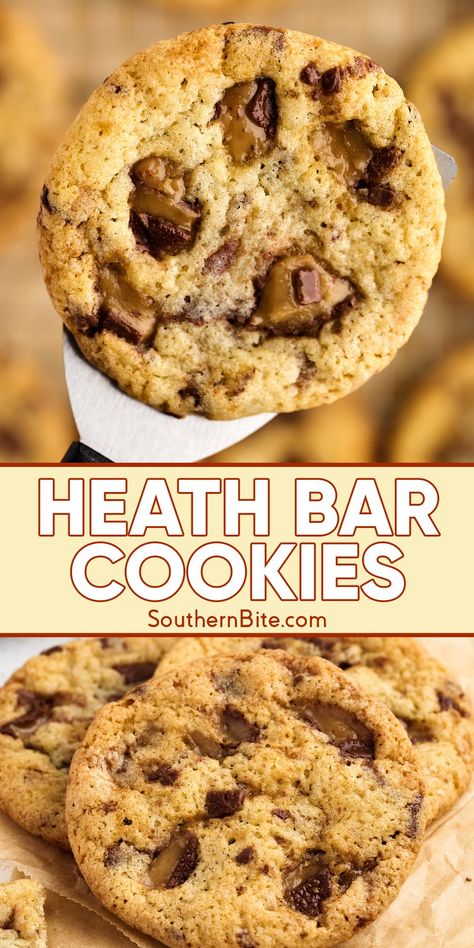 This Heath Bar Cookies recipe combines crunchy, buttery toffee with a classic cookie base, offering the perfect balance of sweet and salty. Simple to make, impossible to resist! Recipes With Heath Bits, Brown Butter Heath Cookies, Chocolate Heath Cookies, Brown Butter Heath Bar Cookies, Heath Bars Recipes, Salty Sweet Cookies, Heath Bar Cookies Recipe, Heath Cookies Recipes Toffee Bits, Heath Cookies Recipes