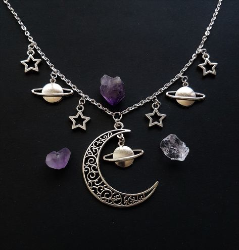 Space Aesthetic Accessories, Space Themed Necklace, Space Theme Jewelry, Space Jewelry Aesthetic, Space Themed Clothing, Space Goth Aesthetic, Moon Core Aesthetic Outfits, Space Themed Accessories, Celestial Goth Aesthetic