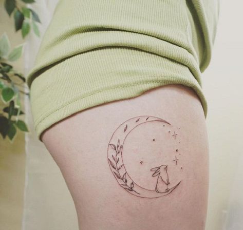 Moon Rabbit Tattoo, Rabbit Tattoo Ideas, Bluebell Tattoo, Hase Tattoos, Rabbit Tattoo, Tattoo Moon, Moon Rabbit, Horoscope Tattoos, Moon Tattoos