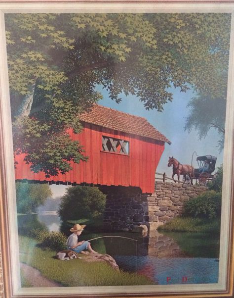 Memories of grandma Paul Detlefsen, Thrift Store Art, Funny Artwork, Bridge Painting, Abandoned Ships, Fine Art Landscape Photography, Farm Art, Covered Bridge, Farmhouse Art